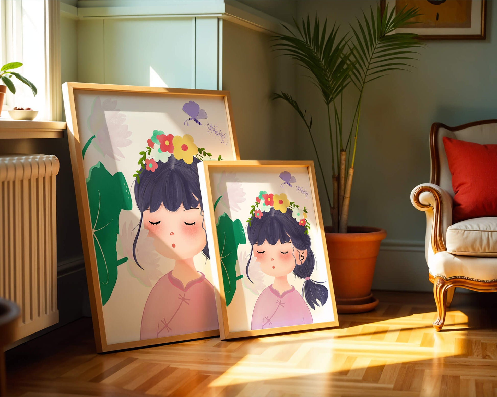 Whimsical illustration of a girl with a flower crown and butterfly