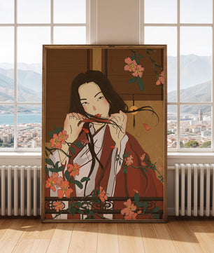 Japanerin spielt Flöte zwischen Blumen in traditioneller Umgebung