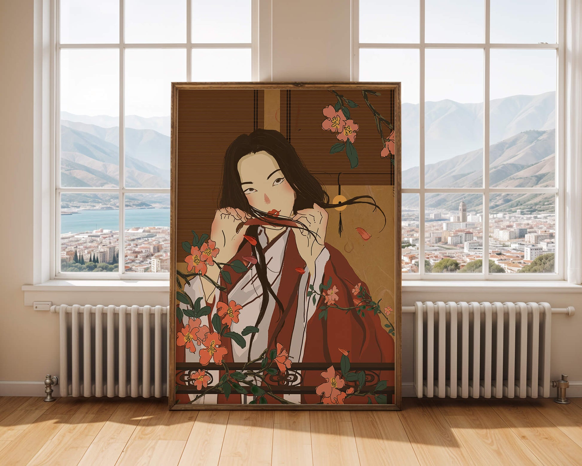 Japanerin spielt Flöte zwischen Blumen in traditioneller Umgebung