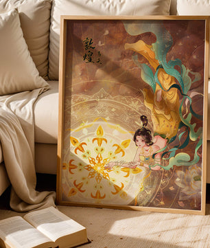 Figura celestial elegante con aura dorada y motivos florales
