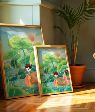 Charming illustration of children on a boat in a lush lotus pond