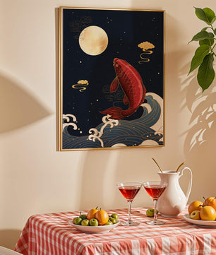 Ilustración artística de peces koi saltando sobre las olas bajo la luz de la luna