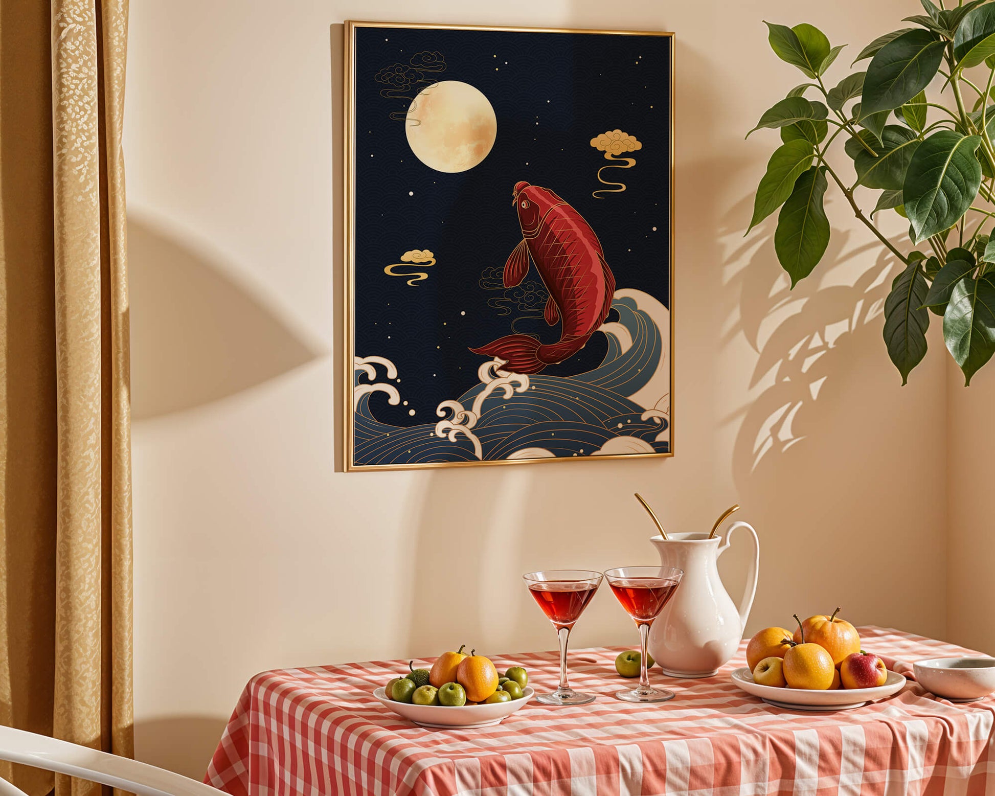 Artistic illustration of koi fish jumping over waves under moonlight
