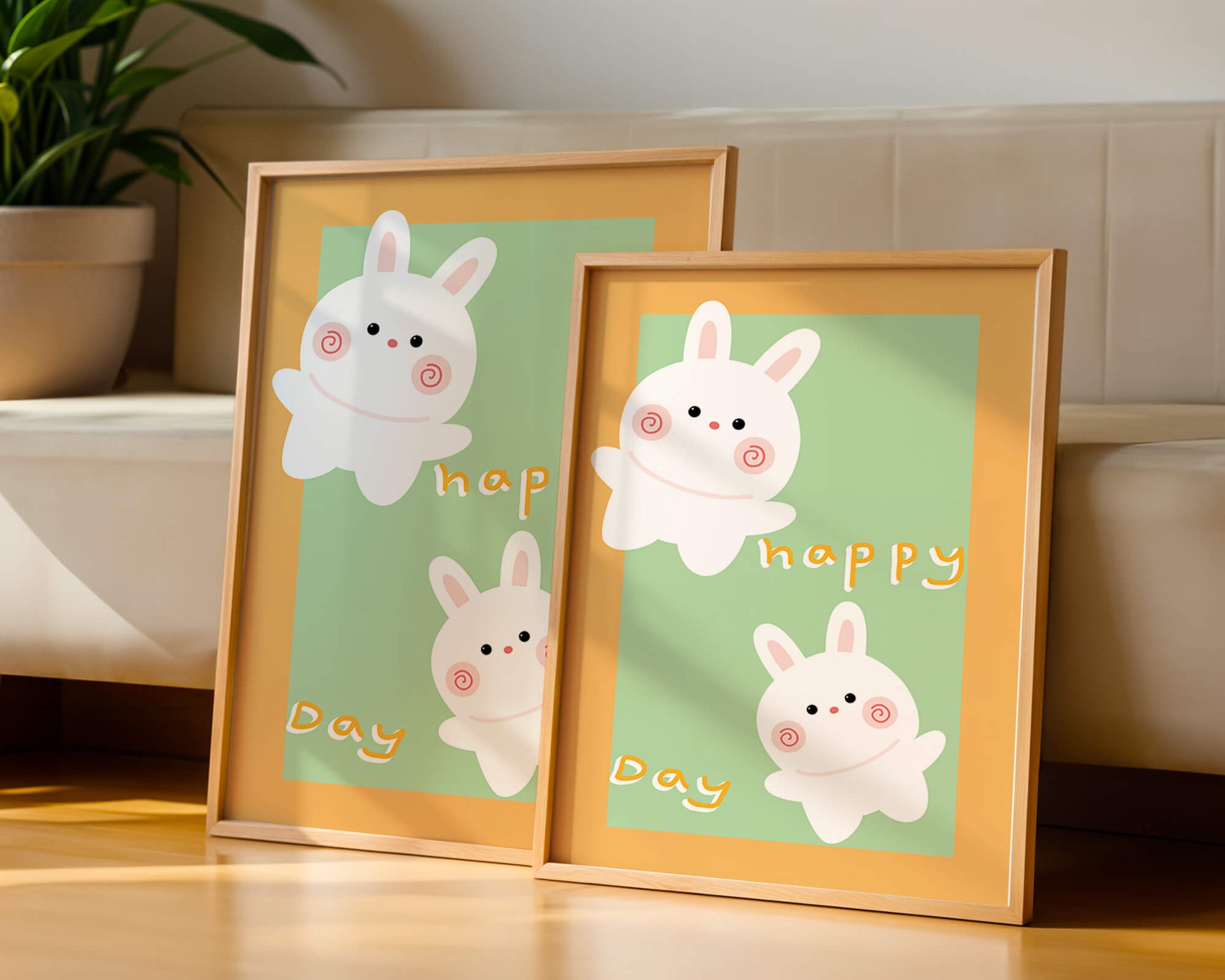 Conejos de dibujos animados juguetones con mensaje de día feliz sobre fondo colorido