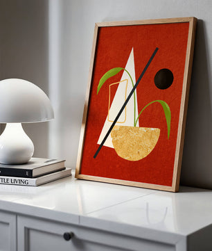 Abstract Geometric Art with Greenery on Red Background - Mi tienda