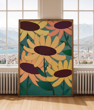 Ilustración floral con margaritas amarillas y naranjas sobre fondo turquesa