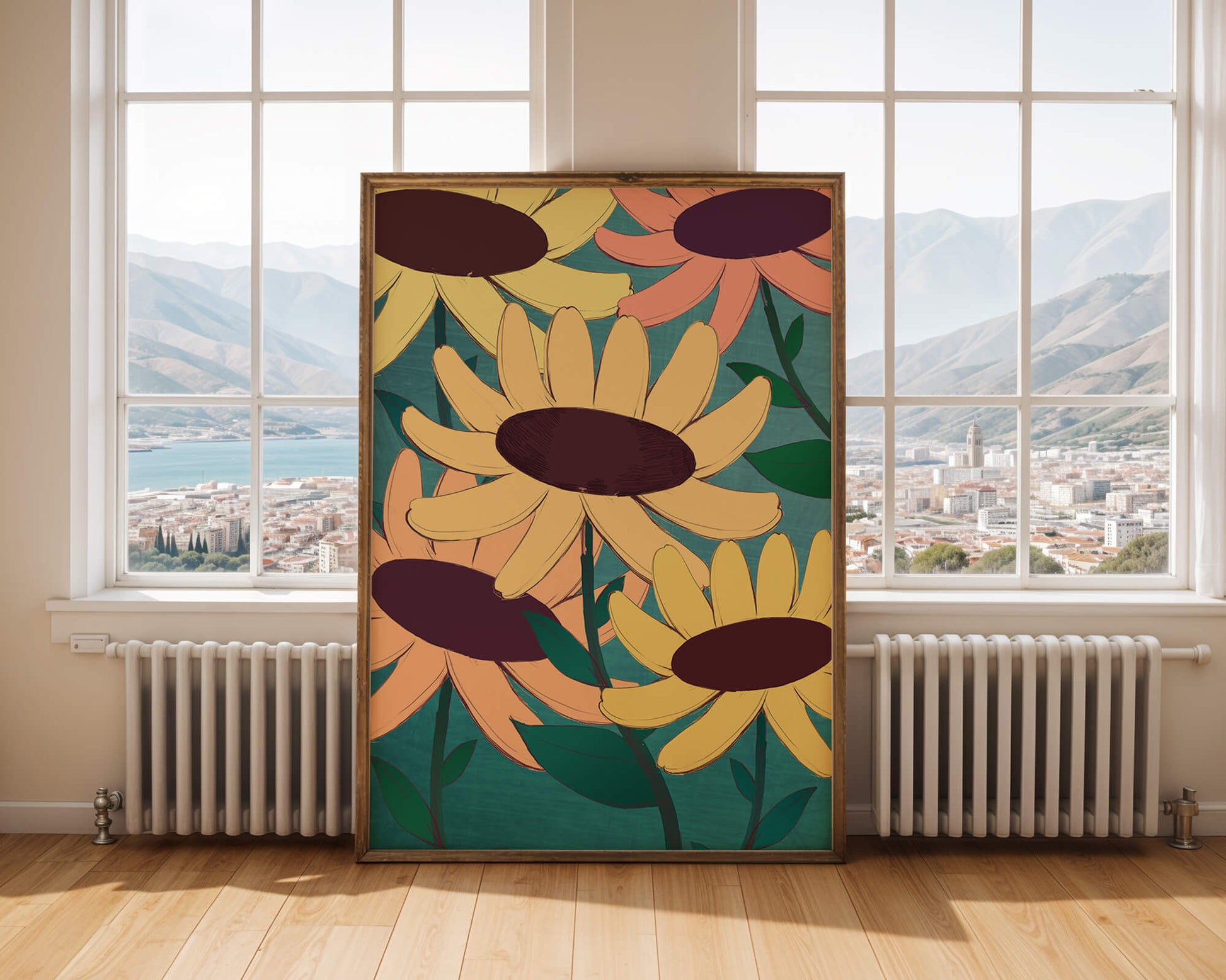 Ilustración floral con margaritas amarillas y naranjas sobre fondo turquesa