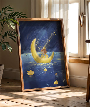 Voyage nocturne magique avec une fille dans un bateau-lune doré