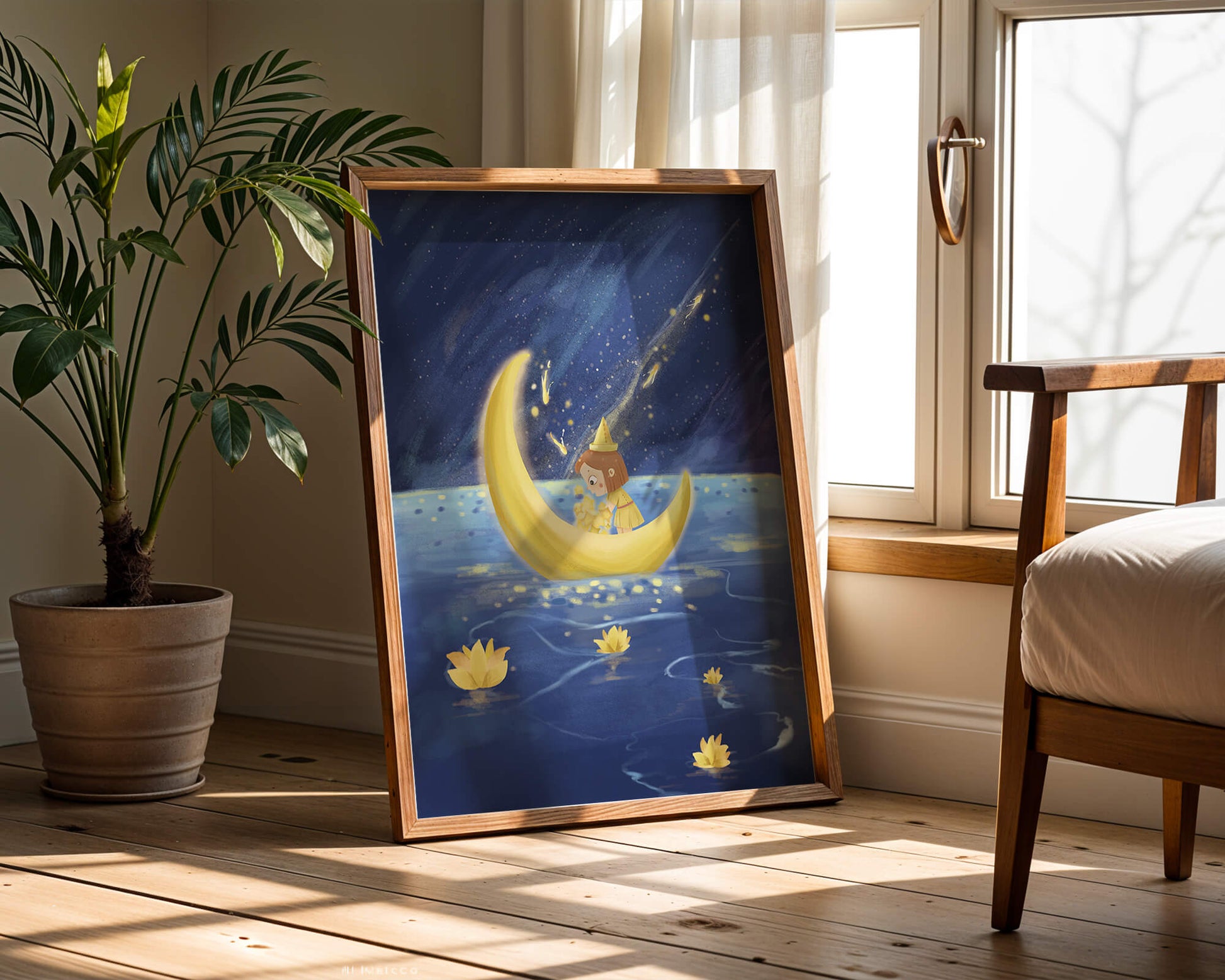 Magical Night Journey with Girl in Golden Moon Boat