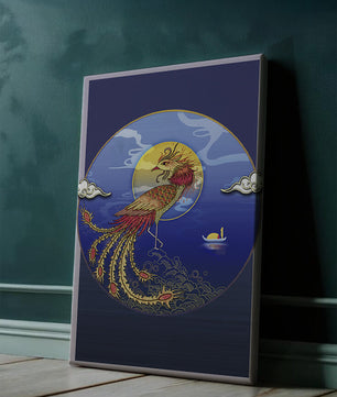 Phénix doré aux plumes éclatantes dans un décor marin mystique
