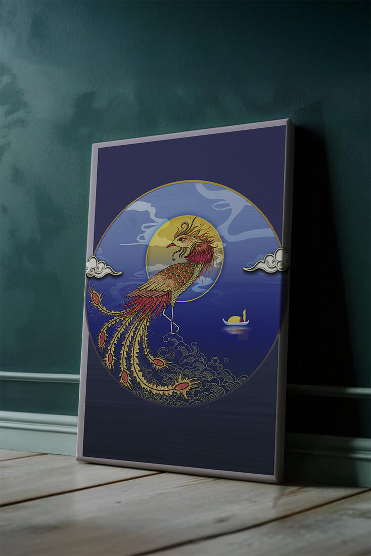 Golden Phoenix with Vibrant Feathers in Mystical Sea Setting