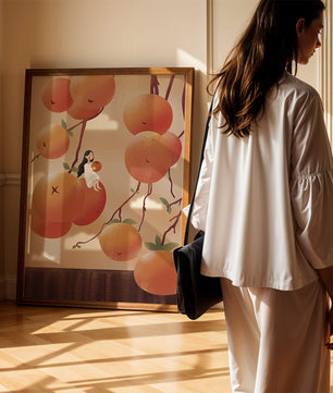 Whimsical illustration of girl with giant oranges and branches