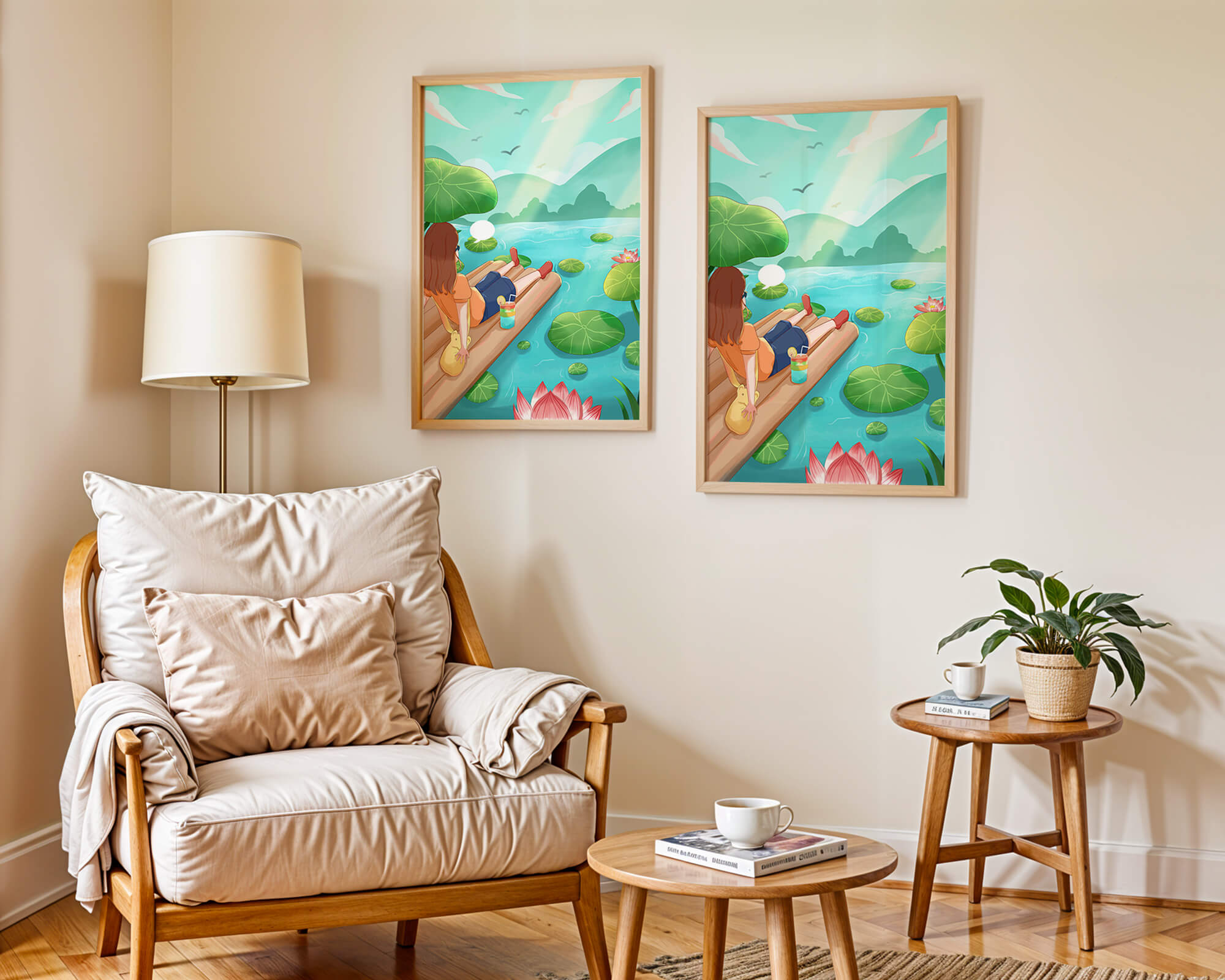 Peaceful lake scene with raft and relaxing atmosphere