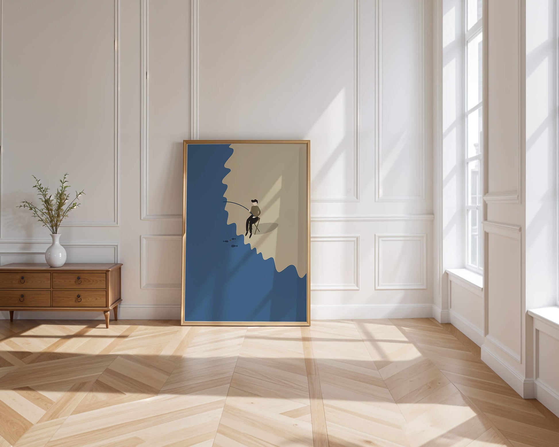Ilustración minimalista de una persona pescando por el mar