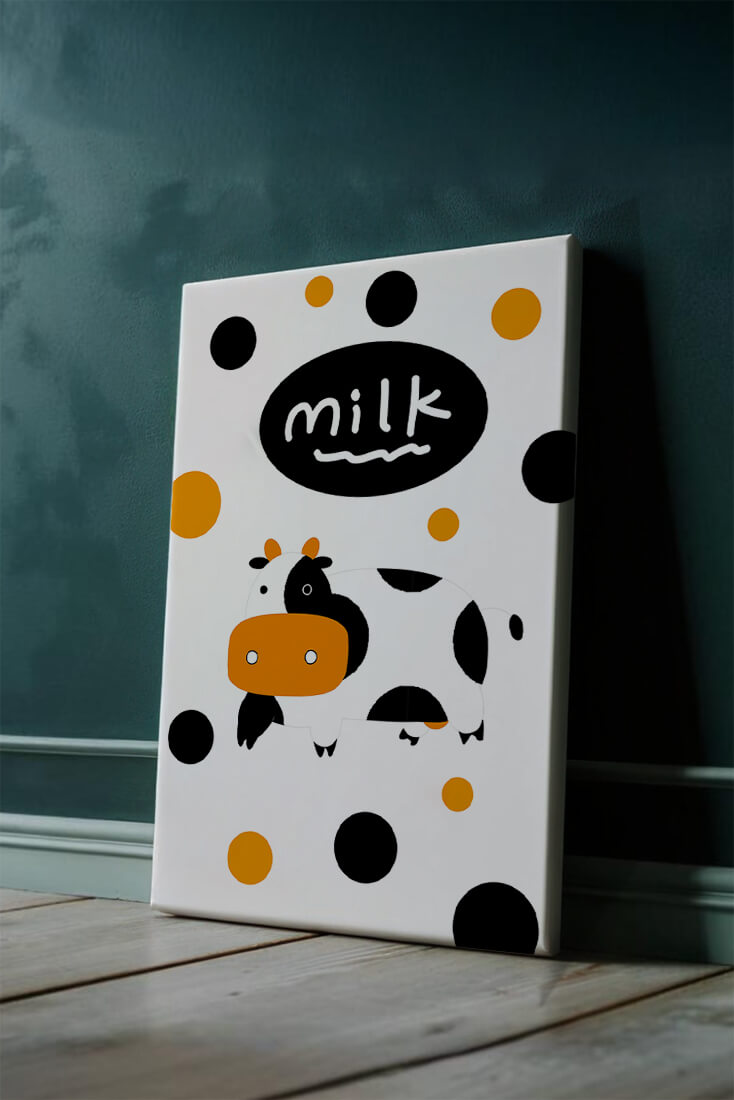 Illustrated cow with modern design and abstract elements