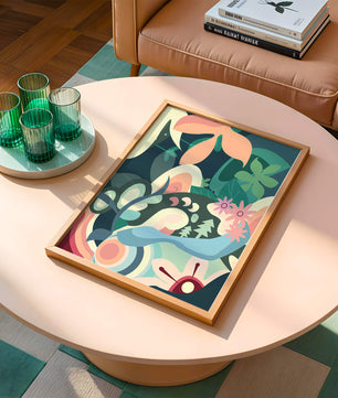 Abstract floral illustration with pastel colors and nature elements
