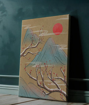 Paisagem tranquila com flor de cerejeira e sol vermelho