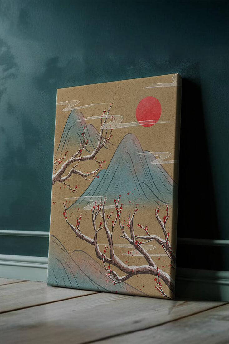 Tranquil landscape with cherry blossom and red sun