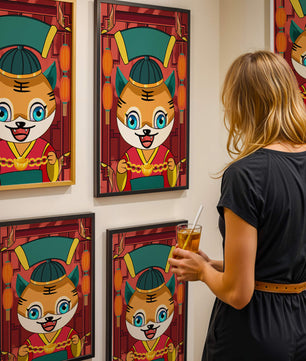 Tigre de dibujos animados colorido con linternas y elementos tradicionales
