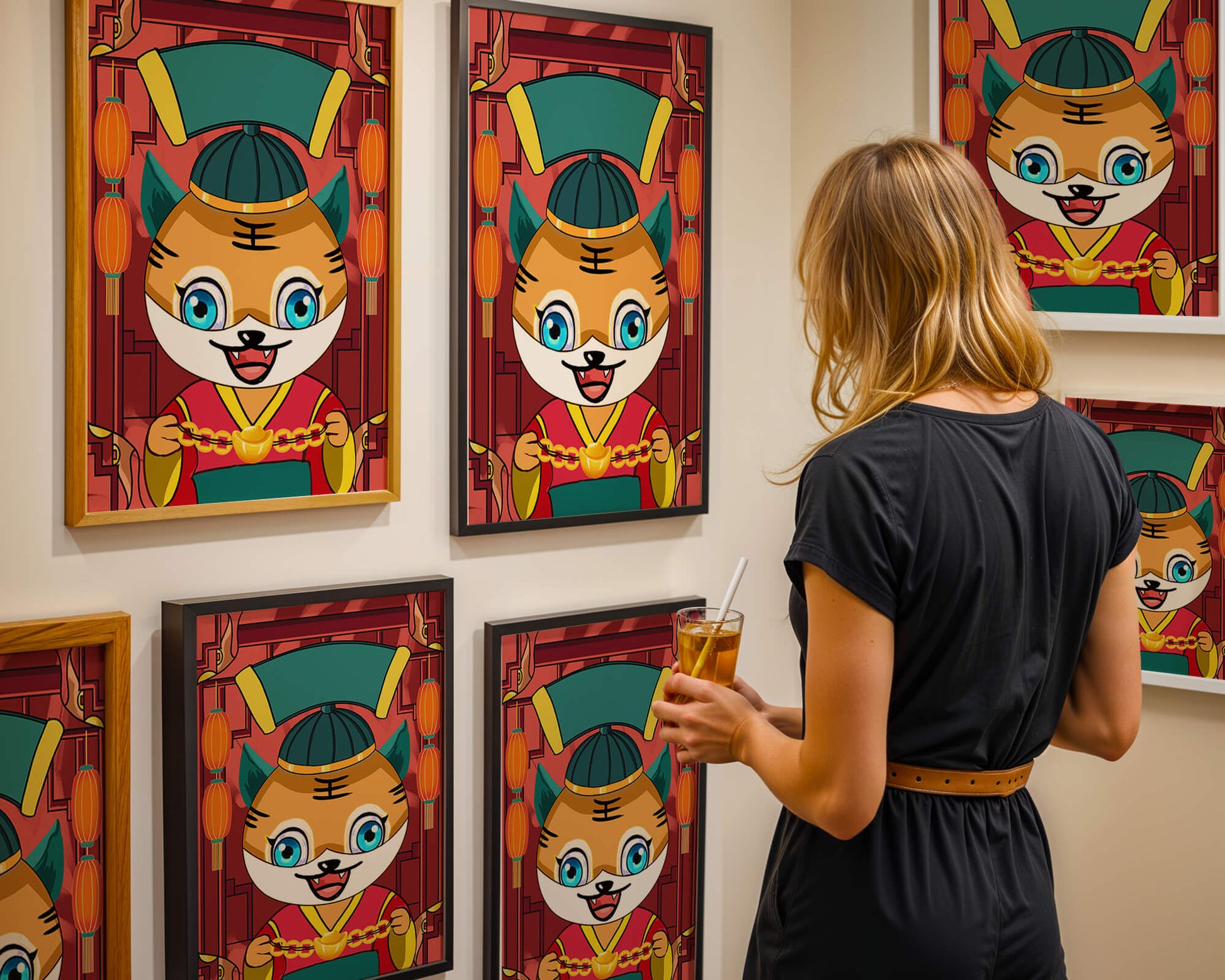 Colorful cartoon tiger with lanterns and traditional elements