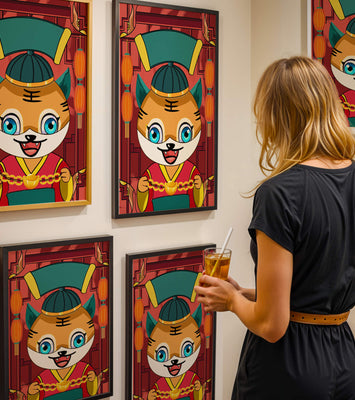 Colorful cartoon tiger with lanterns and traditional elements