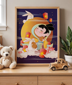 Illustration de déesse de la lune avec des lapins et des lanternes sur fond de mi-automne