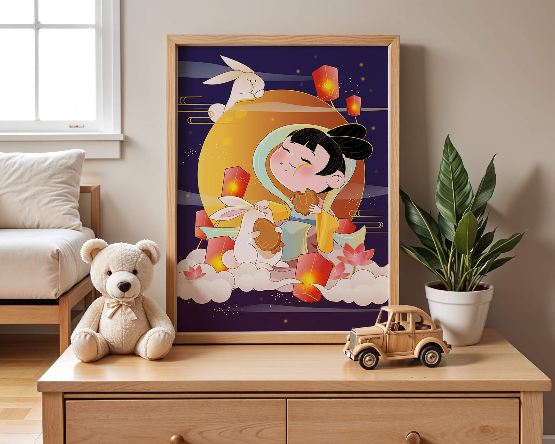Illustration de déesse de la lune avec des lapins et des lanternes sur fond de mi-automne