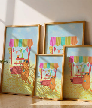 Gato ilustrado con gafas de sol en un puesto de dulces colorido
