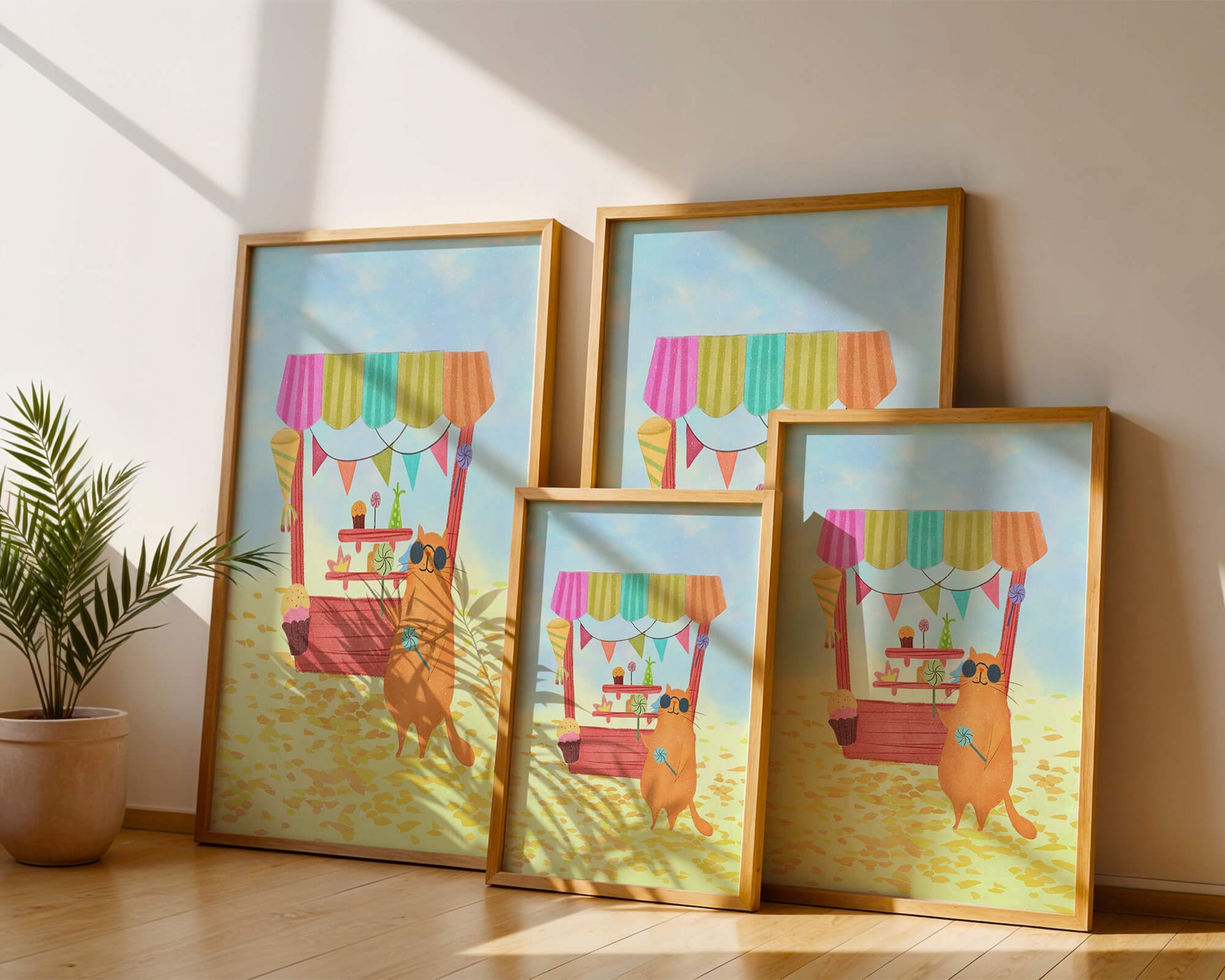 Illustrated Cat with Sunglasses at a Colorful Candy Stand