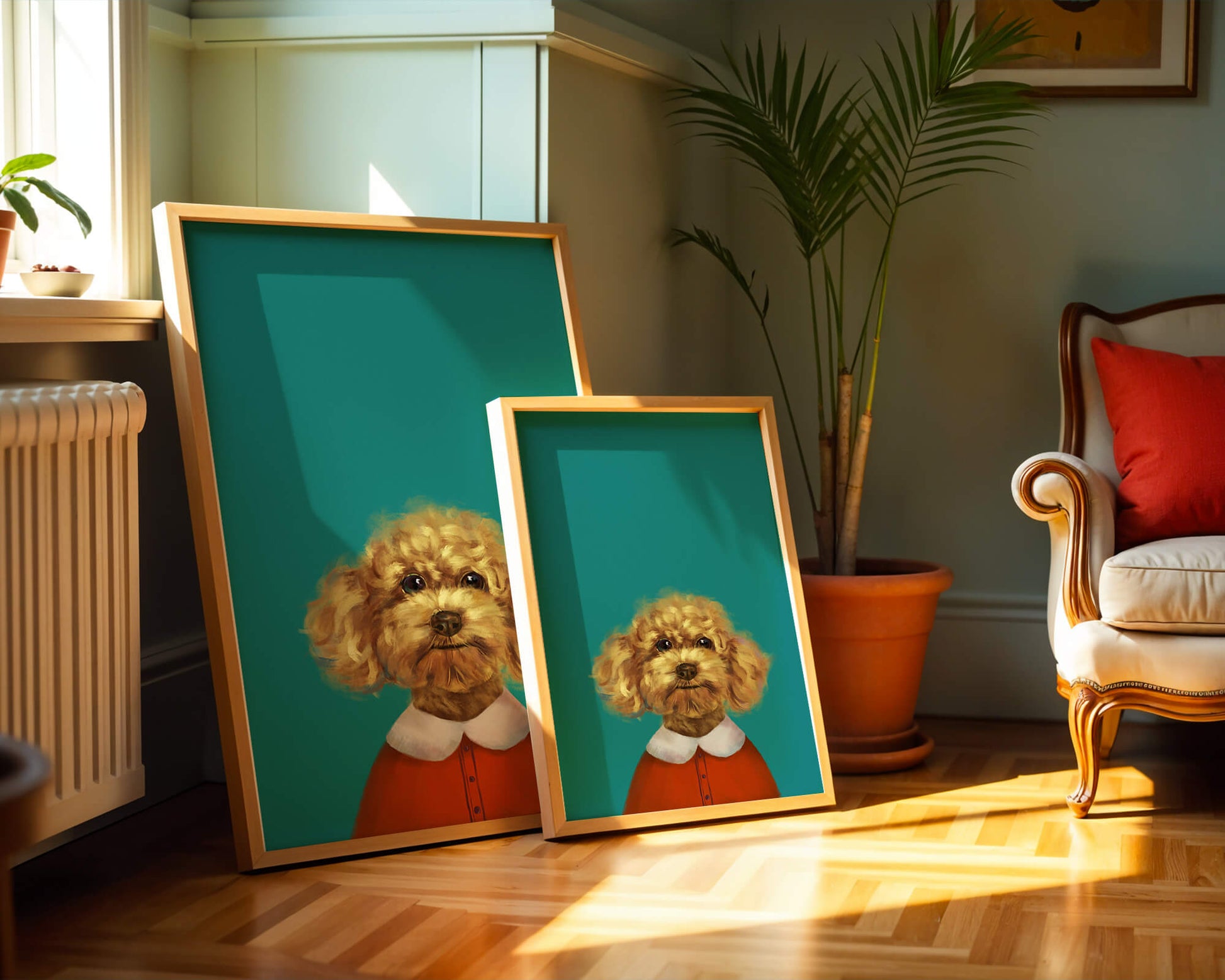 Portrait de caniche charmant en tenue de fête sur fond turquoise