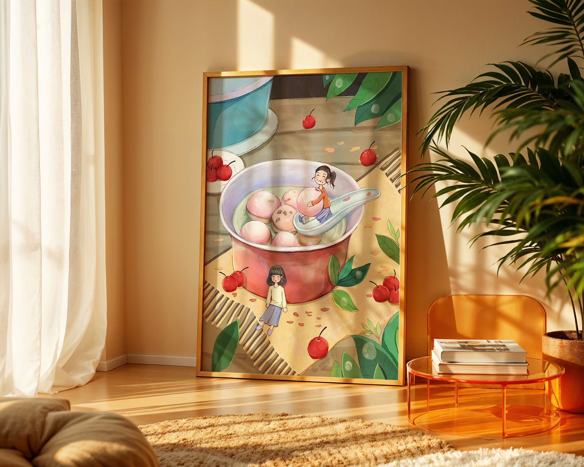 Charming illustration of children with dessert in a whimsical setting