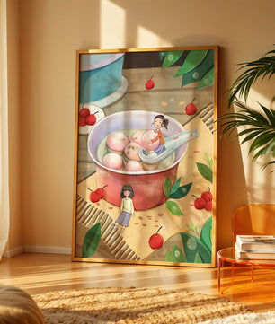 Charming illustration of children with dessert in a whimsical setting