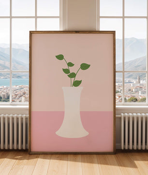 Simple Minimalist Illustration of a White Vase with Green Leaves on a Pink Background - Mi tienda