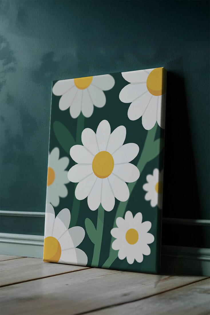 Margaritas sobre fondo verde oscuro con diseño abstracto