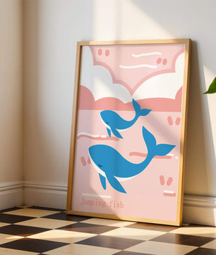 Playful whales illustration in pastel pink and blue