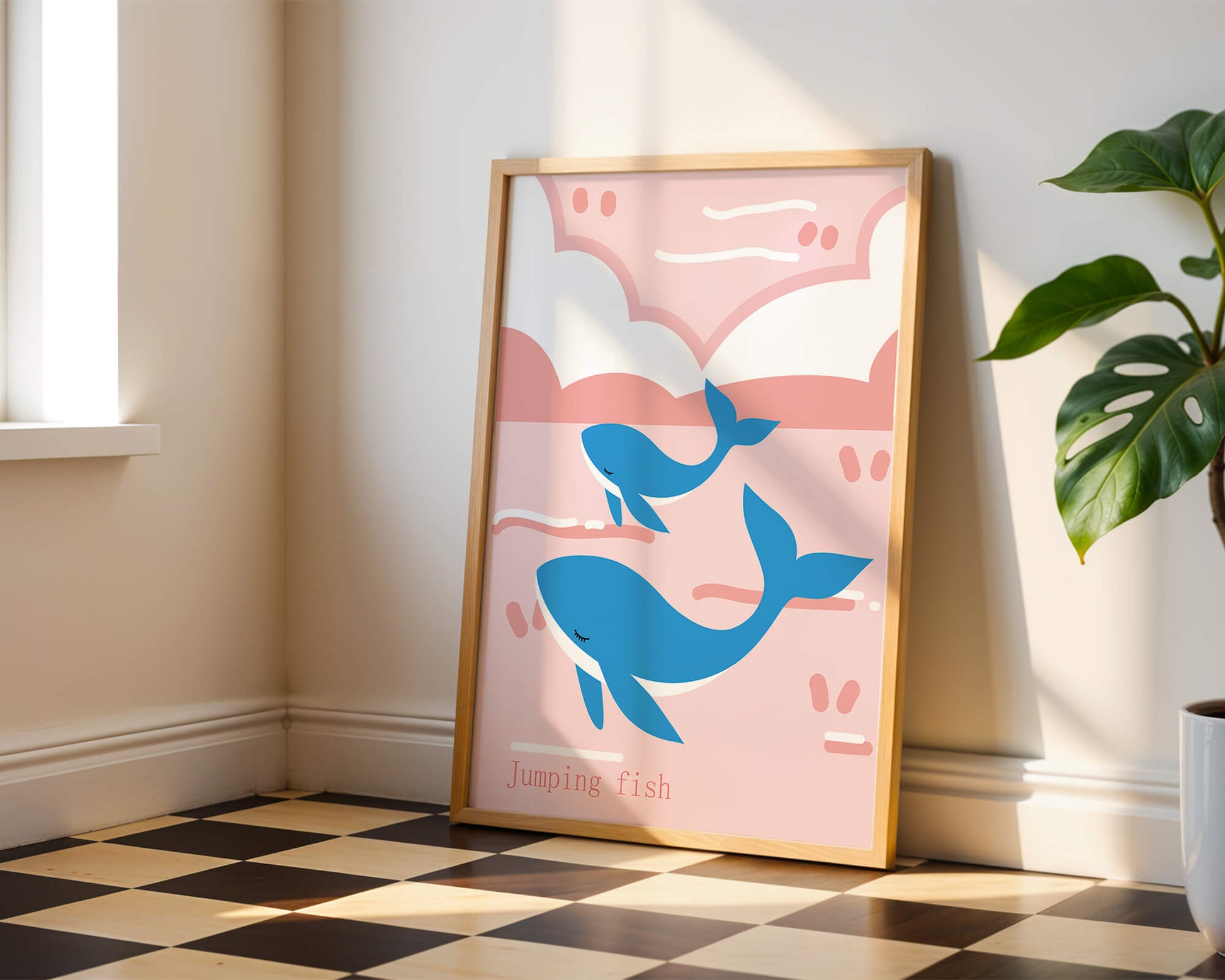 Playful whales illustration in pastel pink and blue