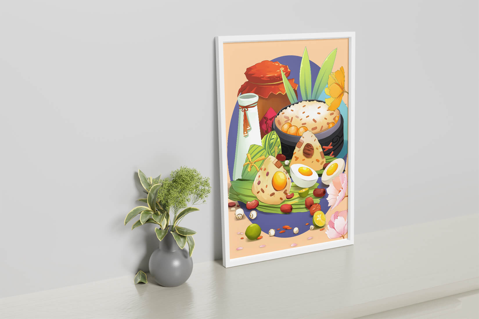 Traditional Asian culinary still life with rice and eggs