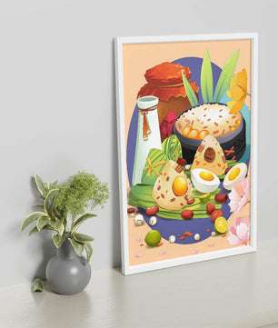 Naturaleza muerta culinaria asiática tradicional con arroz y huevos