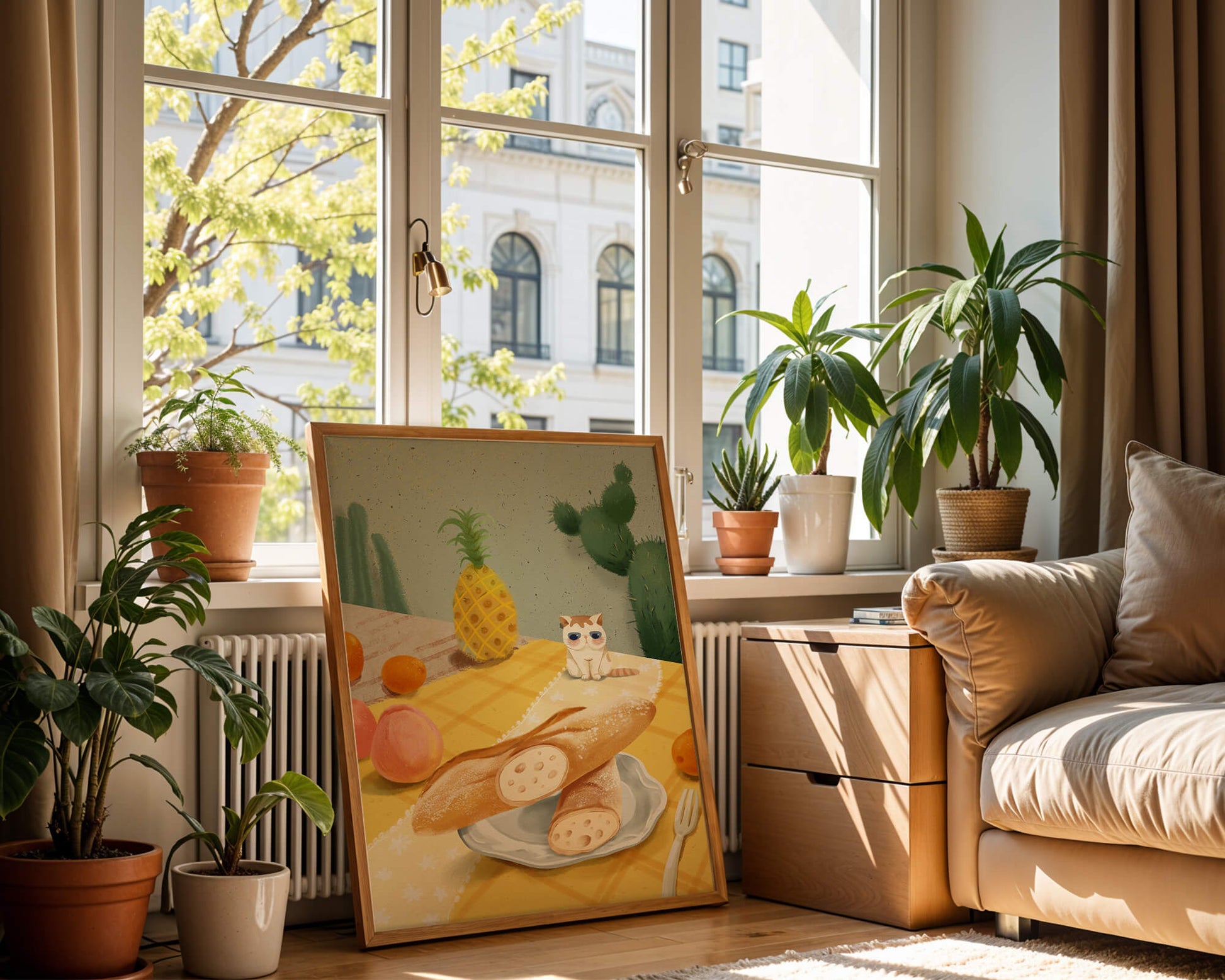 Gato con gafas de sol en un entorno tropical con baguettes y frutas