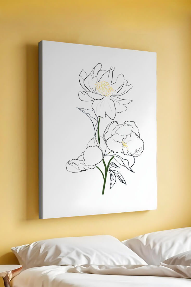 Elegante Pfingstrosen-Linienkunst mit goldenen Akzenten