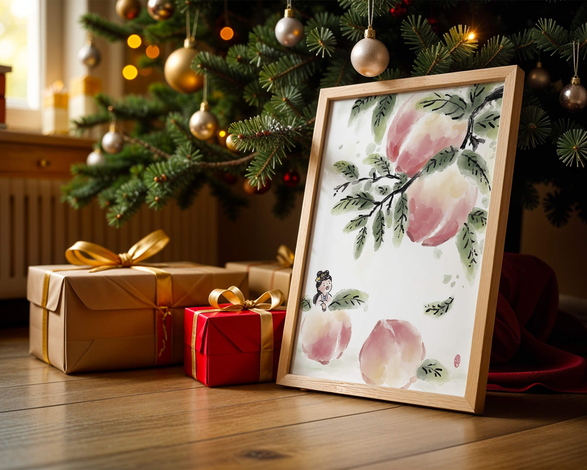 Encantadora ilustración de una chica entre flores de melocotón y hojas verdes