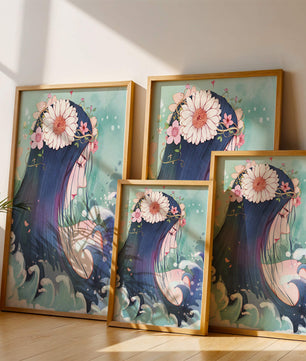 Illustration of a serene woman with floral crown and ocean waves