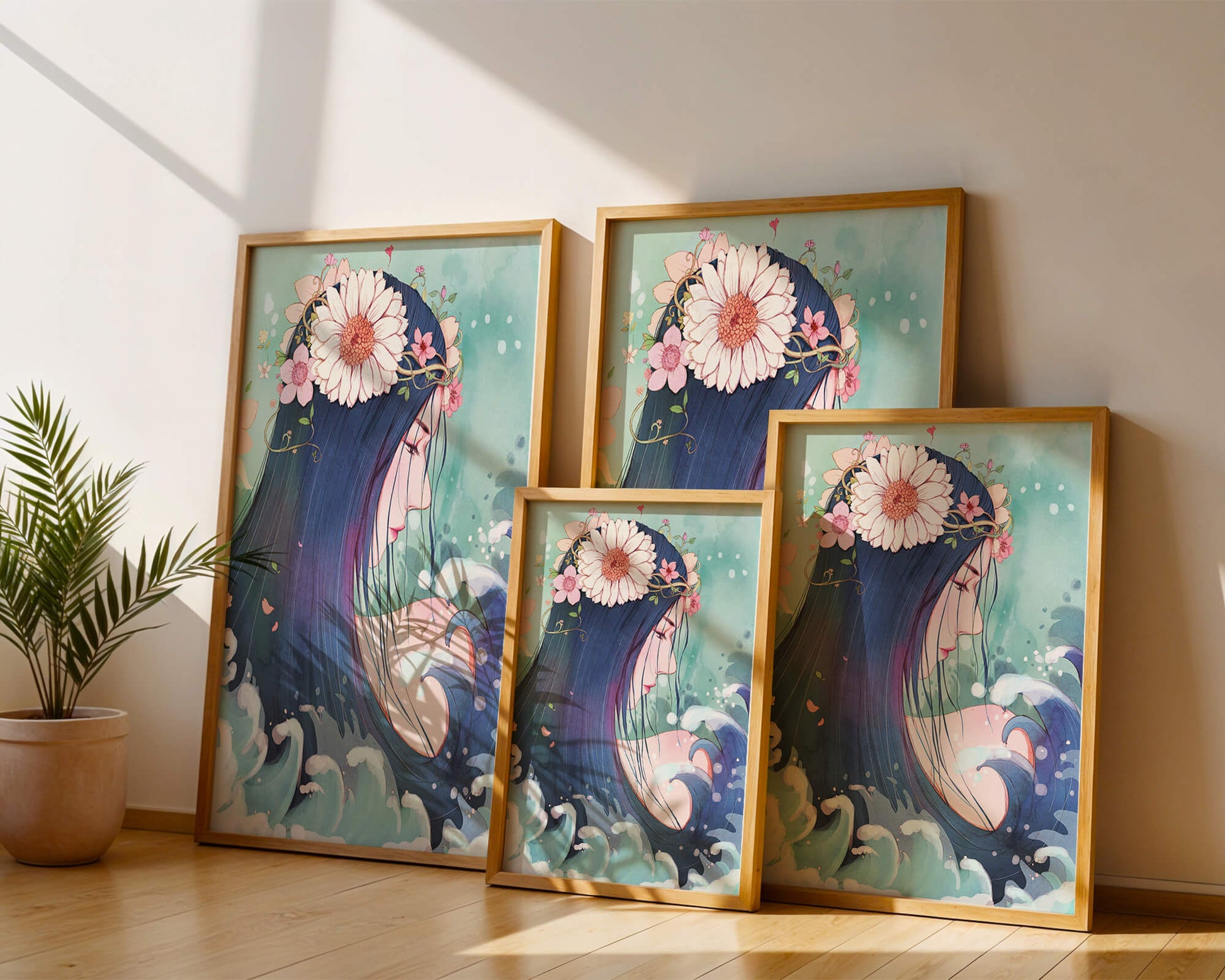Illustration of a serene woman with floral crown and ocean waves
