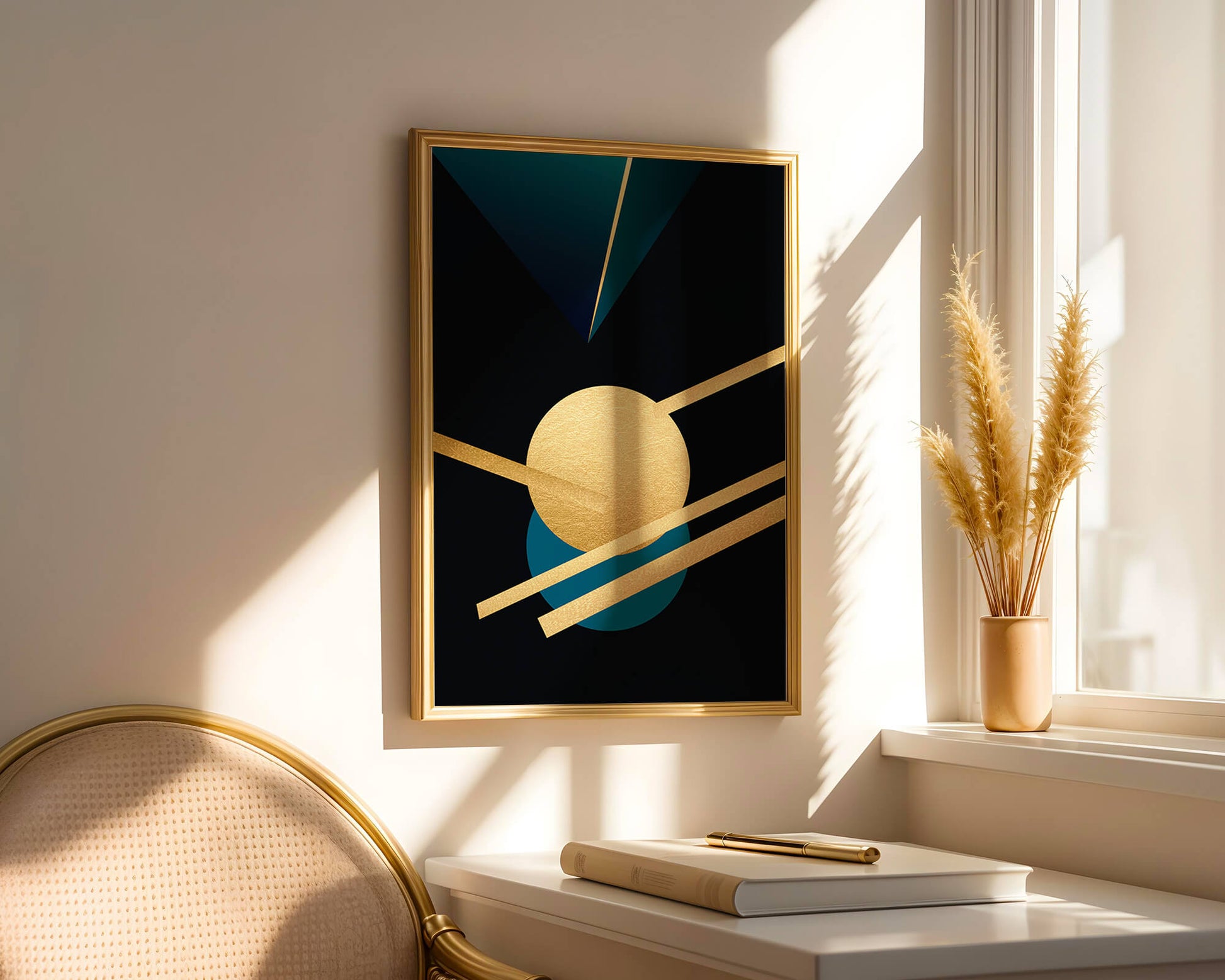 Abstract Geometric Composition with Gold and Blue Elements