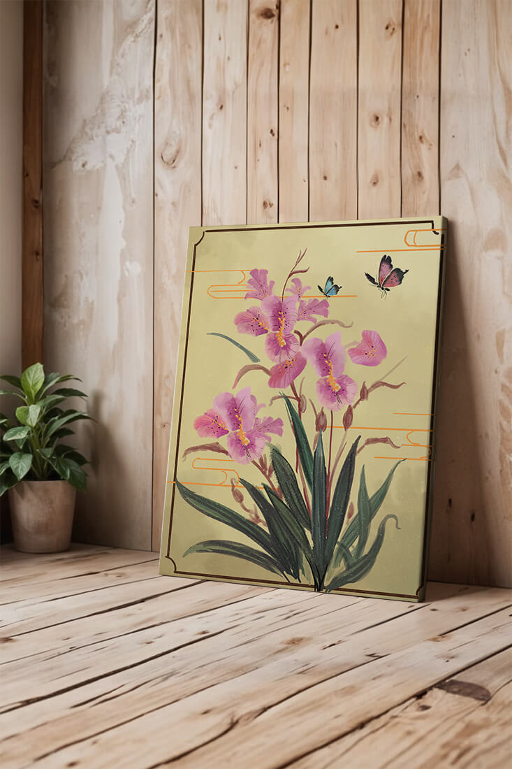 Elegant Floral Composition with Butterflies and Ornamental Background