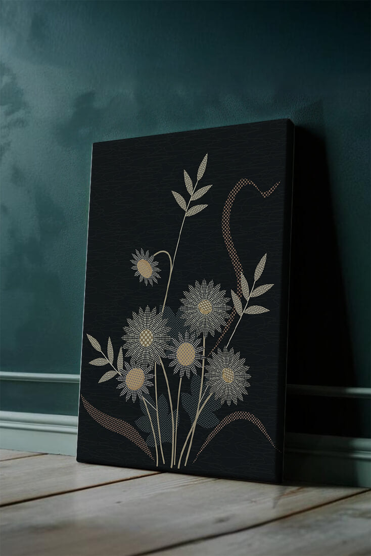 Abstract floral design with intricate patterns on dark background