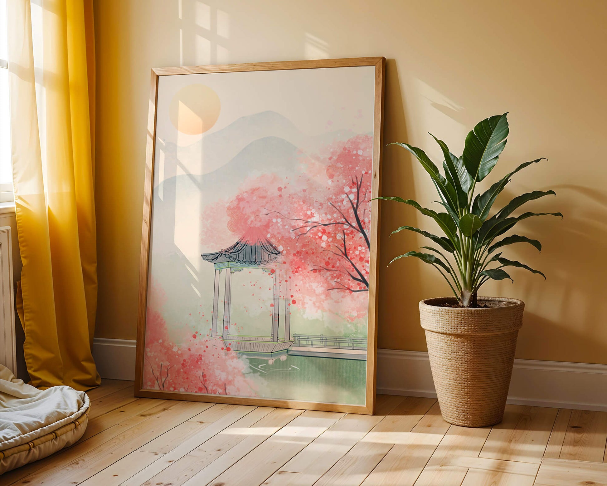 Serene landscape with cherry blossoms and traditional gazebo