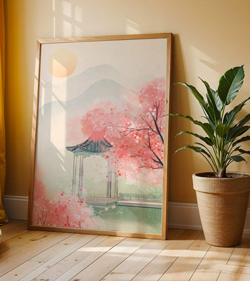 Serene landscape with cherry blossoms and traditional gazebo
