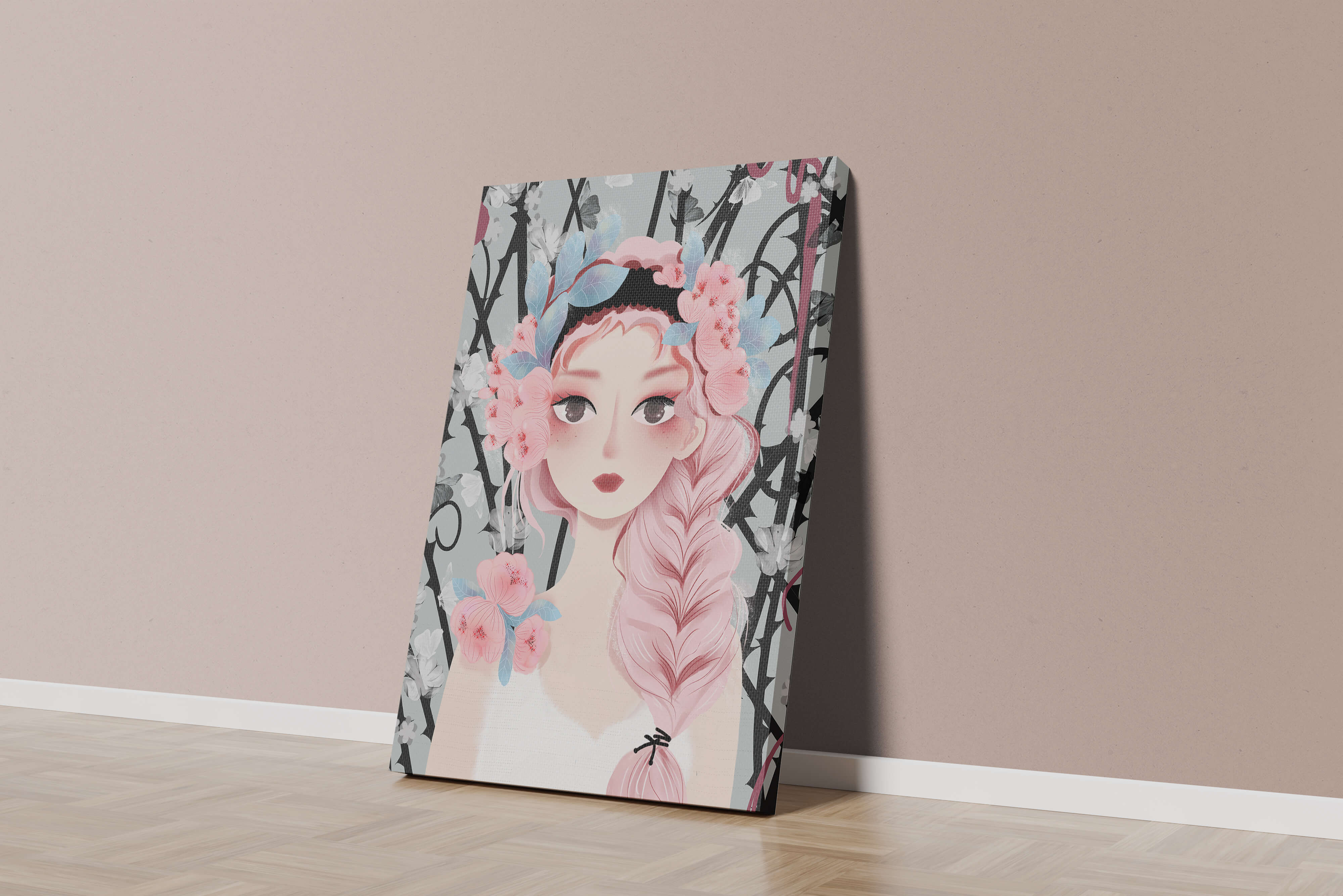 Whimsical illustration of a girl with pink hair and floral crown