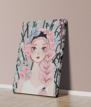 Ilustración caprichosa de una chica con cabello rosa y corona floral